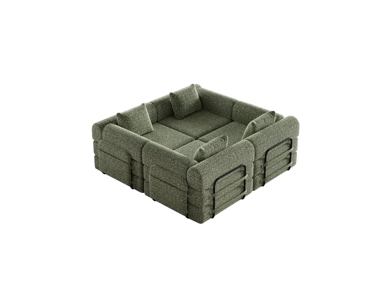  Canapé convertible 4 places - 368x91x70cm - chauffeuse lit chenille, poches rangement, cadre acier - vert olive  - Conforama A