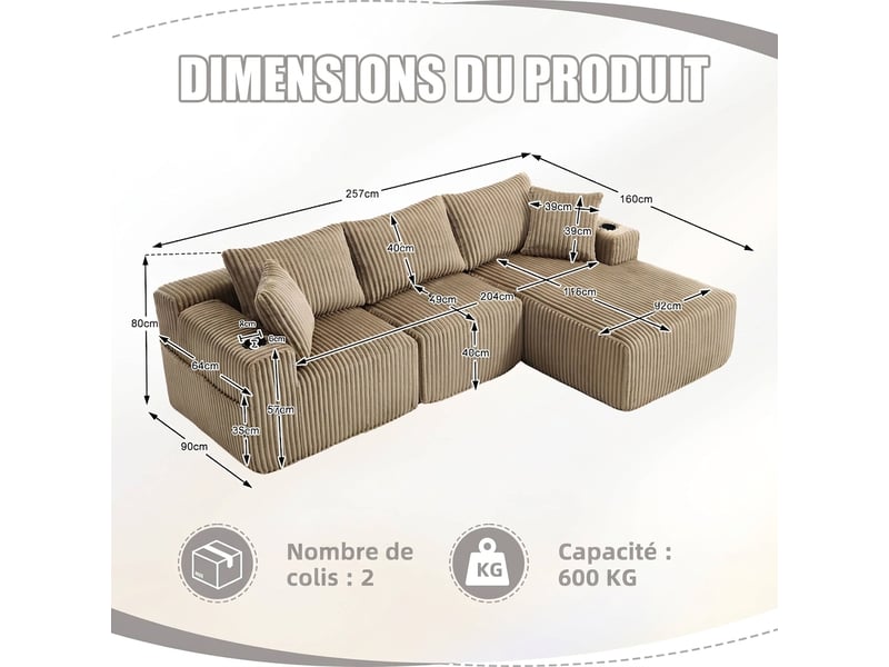  Canapé modulaire avec méridienne 3 places en velours côtelé 257 x 160 cm avec poches et coussins  - Conforama C