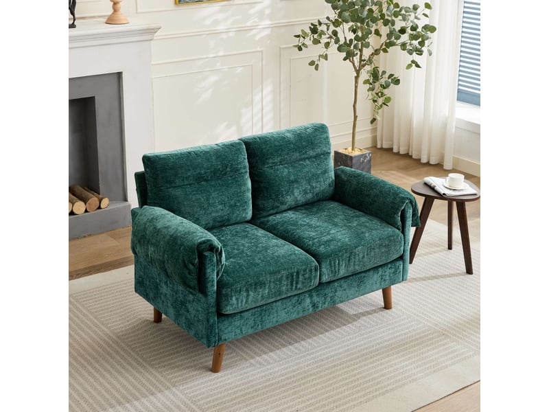  Canapé droit 2 places 124 cm vert en tissu chenille, coussins généreux et pieds effet bois Fay Lum - Conforama B