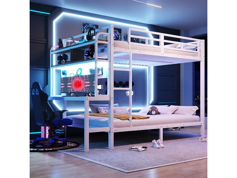  Lit mezzanine enfant 140x200cm en métal avec bande led,port usb,étagère de rangement,bureau,cadre de lit superposé double,blanc CARDUME ESTIVAL - Conforama B