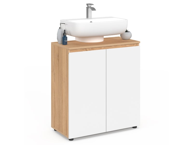  Meuble sous lavabo salle de bain tomi façon hêtre et blanc  - Conforama A