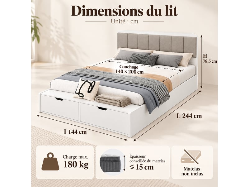 Lit jeune lit 140x200 cm lit capitonné avec 2 tiroirs de rangement lit enfant à lattes en bois lit double blanc  - Conforama C