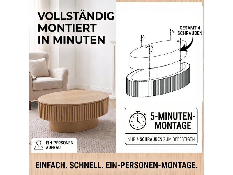  Table basse ovale 98 cm en mdf plaqué bois clair, rangement caché et design moderne pour votre salon  - Conforama D