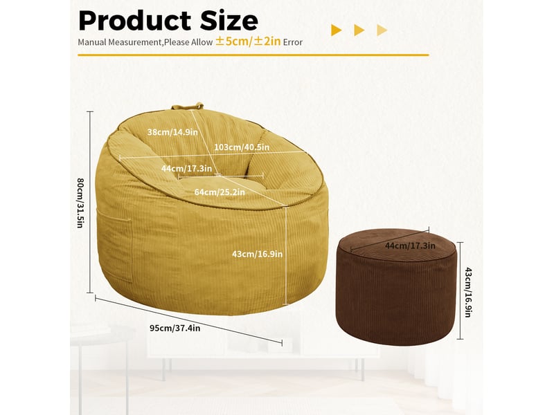  Fauteuil poire ergonomique en tissu jaune avec poche de rangement et repose-pieds assorti pour détente à la maison  - Conforama C