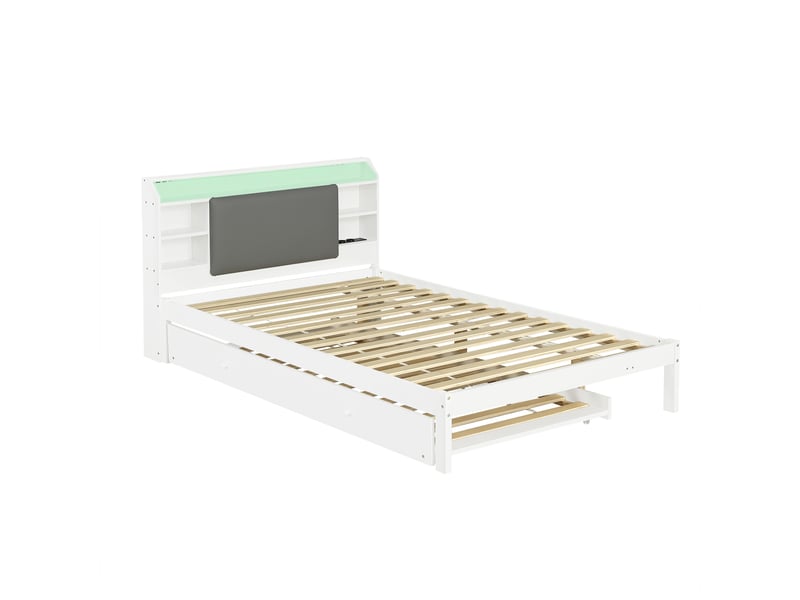  Lit en bois 120x200 cm avec lit gigogne 90x190 cm, lit fonctionnel blanc avec tête de lit capitonnée, bande lumineuse led, étagère de tête de lit et station de recharge. Le lit gigogne peut être installé à gauche ou à droite.  - Conforama D