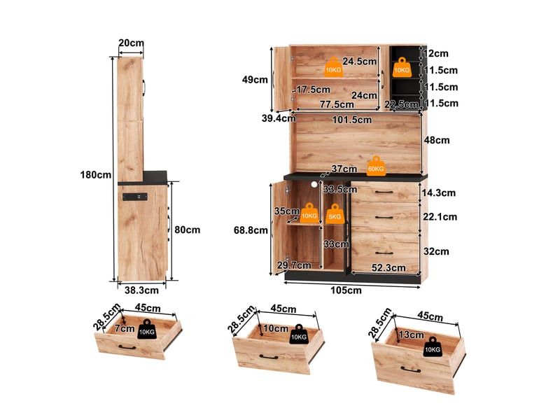  Buffet haut 105x40x180 cm avec éclairage led réglable, buffet de cuisine en couleur bois naturel, buffet salon avec prise électrique  - Conforama R