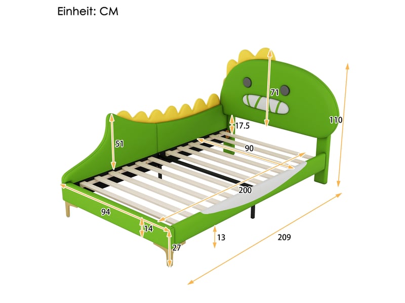 Lit enfant 90x200 cm avec tête de lit dinosaure en pu et mdf vert - Conforama E