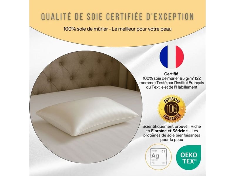  Taie d oreiller soie de mûrier 22 momme 60x40 cm ivoire silvadur 930 flex anti age  - Conforama E