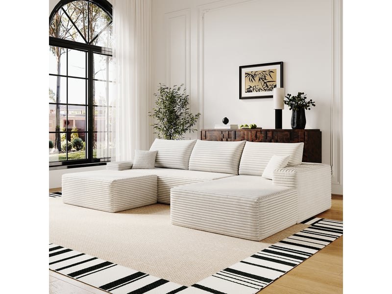  Canapé d'angle droite 3 places en l 270cm canapé modulable canapé compressé en velours côtelé avec pouf méridienne, blanc  - Conforama B