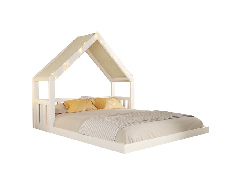  Lit cabane enfant 140x200 cm avec toit en tissu et guirlande lumineuse, blanc, sans matelas  - Conforama A