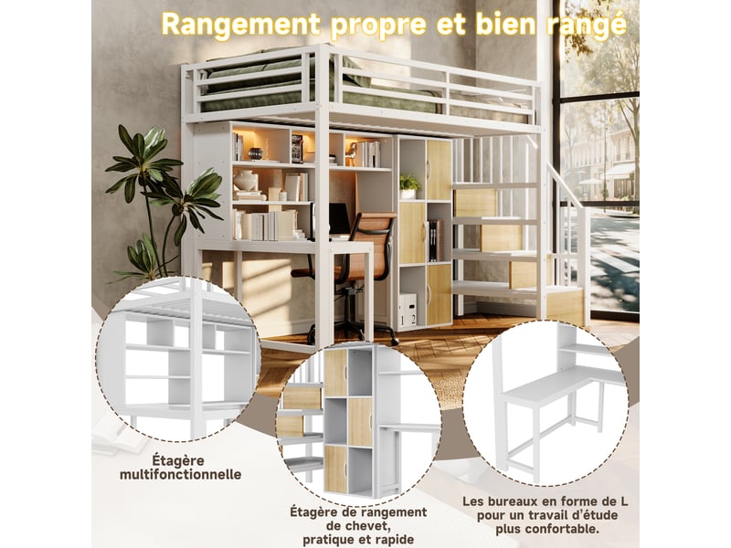  Lit mezzanine enfant compact 90 x 200 cm, échelle avec rangement, niche ouverte et éclairage led, sans matelas, structure en métal, blanc evarich - Conforama D