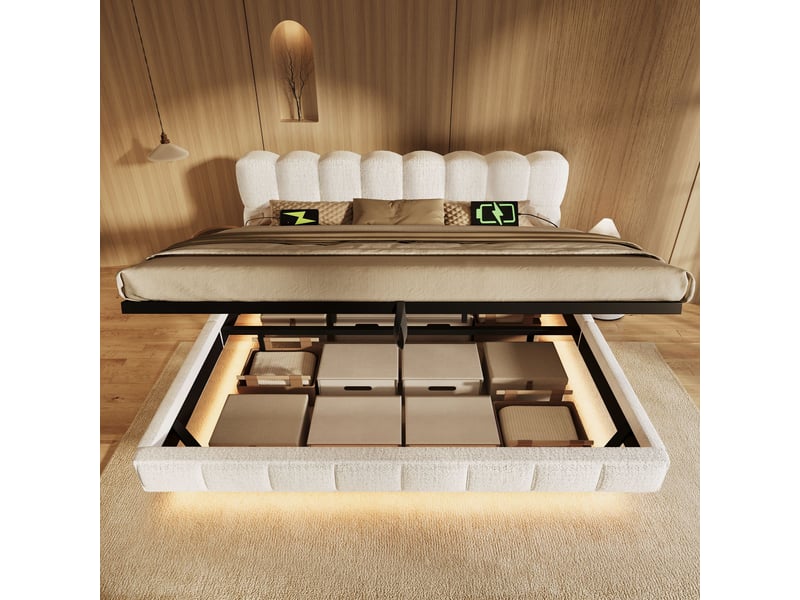  Lit double rembourré 180x200 cm effet suspendu, design nuage, rangement hydraulique, led, usbtype-c, chenille beige, sans matelas Fay Lum - Conforama E