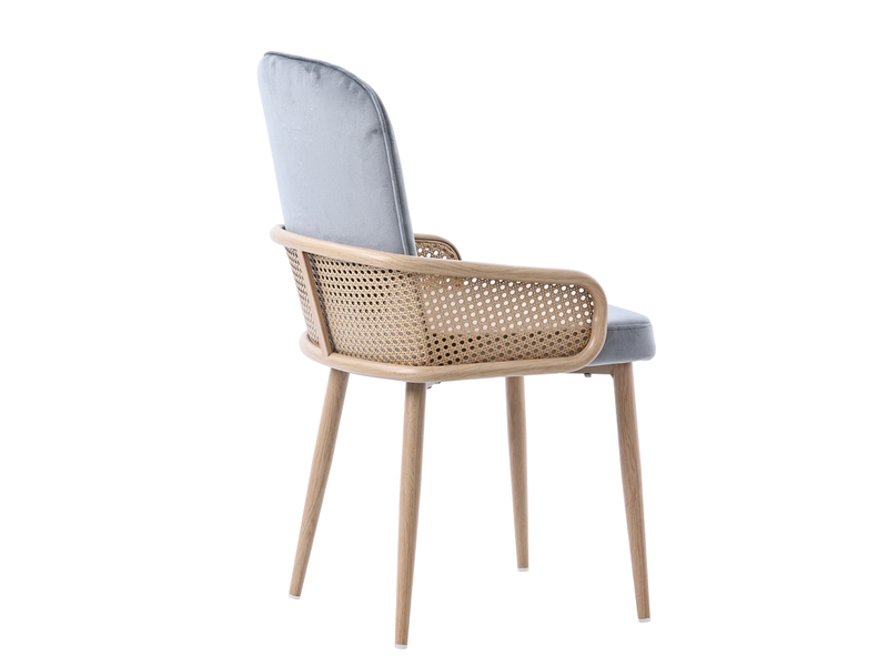  Lot de 4 chaises de salle à manger avec dossier effet rotin et pieds en métal décor bois, en velours gris  - Conforama E
