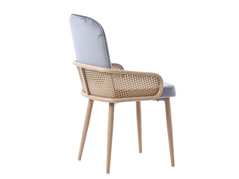  Lot de 4 chaises de salle à manger avec dossier effet rotin et pieds en métal décor bois, en velours gris  - Conforama E