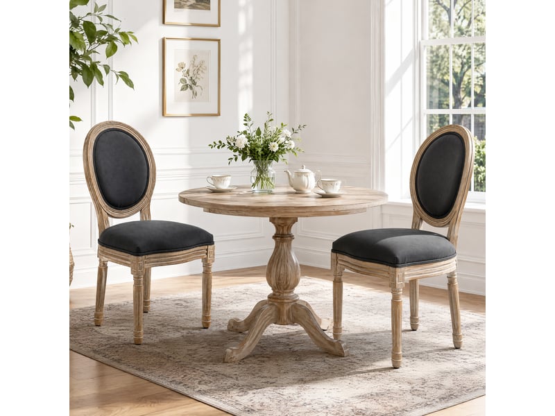  Lot de 2 chaises de salle à manger - chaise de salon médaillon style louis xvi - bois massif sculpté, patiné - aspect lin gris  - Conforama D