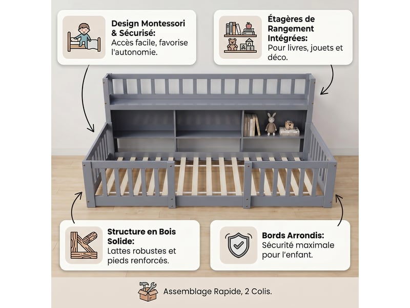  Lit enfant au sol 90x200(90x190) cm, lit simple avec bibliothèque et barrière, lit  montessori, bois, style scandinave moderne, gris  - Conforama C