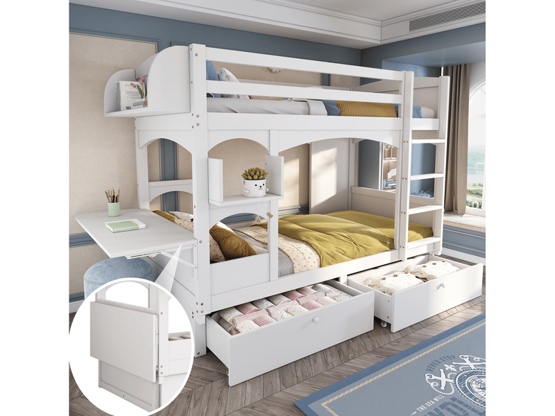  Lit superposé enfant 2 places 90x200 cm avec bureau rabattable et rangements blanc  - Conforama B
