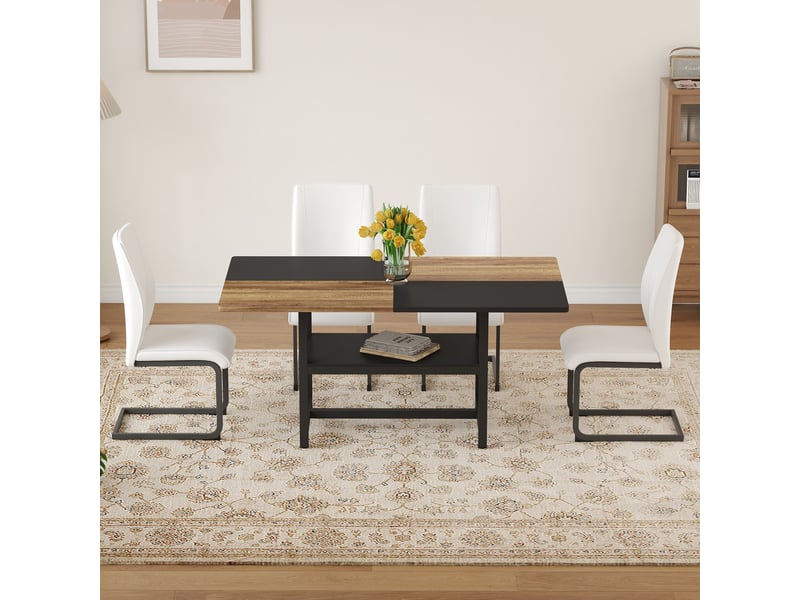  Ensemble table à manger avec 4 chaises, table rectangulaire 160 x 90 x 76 cm avec étagère, similicuir blanc et métal noir  - Conforama C