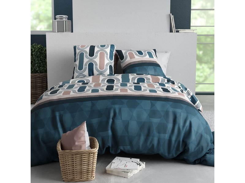  Parure housse de couette 260x240cm + 2 taies motif pop rétro bleu et rose 100% coton - leana LEANA - Conforama A