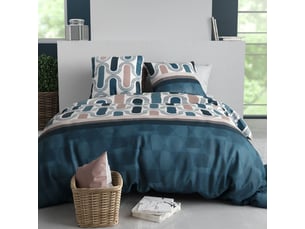 Parure housse de couette 260x240cm + 2 taies motif pop rétro bleu et rose 100% coton - leana