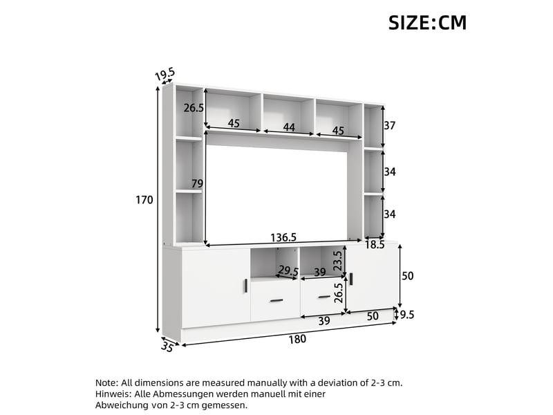  Ensemble mural tv modenvie blanc 180 x 35 x 170 cm avec 2 placards, 2 tiroirs et 11 compartiments  - Conforama C