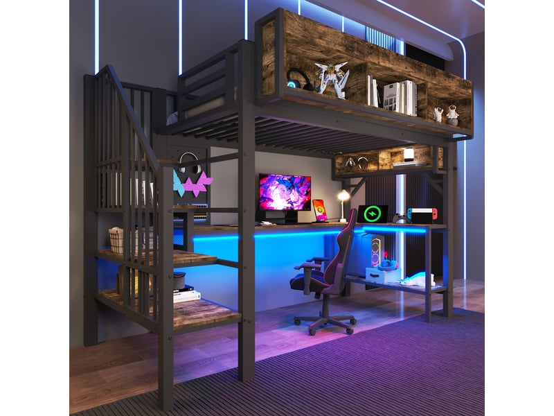  Lit mezzanine 90 x 200 cm, bureau d’angle, escalier à rangements, led, 2 prises, usb et usb-c, métal et mdf, sans matelas, noir et décor bois brun Luxe haut de gamme - Conforama E