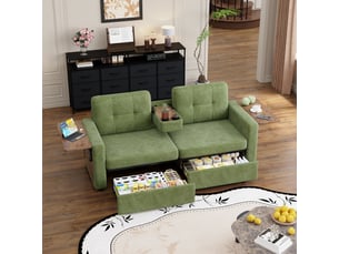 Canapé 2 places en chenille avec rangement intégré, table d’appoint réglable, porte-gobelets et espace de travail - vert