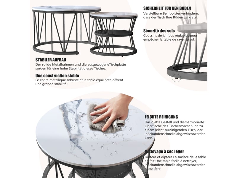  Lot de 2 tables basses - 70x70x45cm - table de salon gigognes rondes, effet marbre blanc, structure métallique v - noir  - Conforama D
