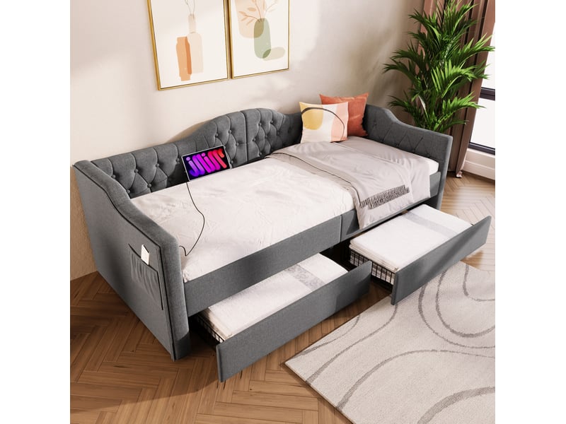  Modenvie lit de jour 90x200 cm - avec 2 tiroirs, ports usb et usb-c, sans matelas - gris  - Conforama E
