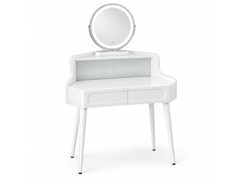  Coiffeuse d'angle 63 x 99 x 139 cm blanche en mdf, miroir rond éclairé réglable, rangements intégrés  - Conforama A