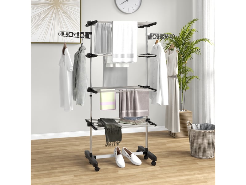 Séchoir à linge pliable avec ailettes latérales, pour une utilisation intérieure et extérieure, 142 x 55 x 172 cm, 4 niveaux, noir - Conforama C