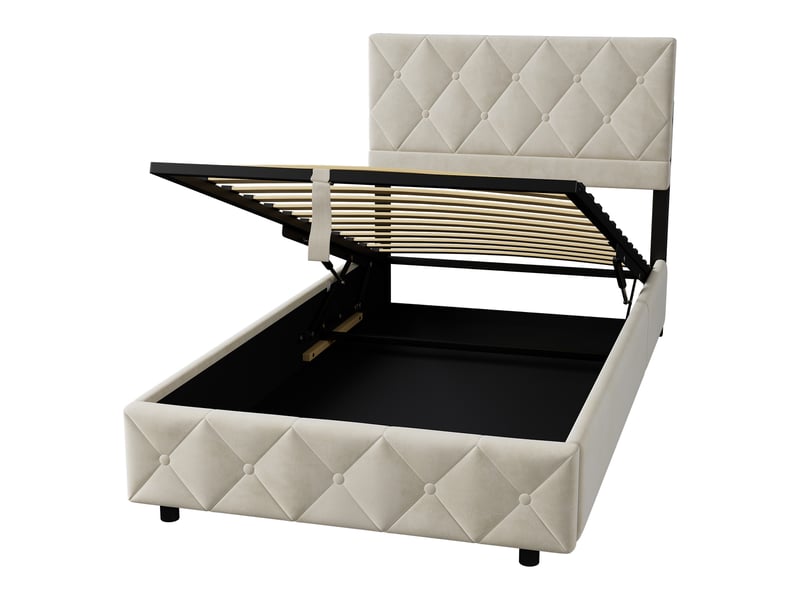  Lit simple 90 x 190 cm en velours, lit rembourré avec lattes en bois et cadre métallique, sans matelas, beige  - Conforama E