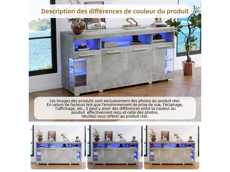  Buffet de salon industriel gris ciment avec led 140x40x70cm  - Conforama R