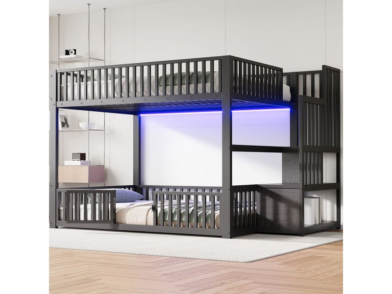  Lit superposé 140x200cm avec escalier de rangement et led - lit double - cadre en métal noir, porte et barrière de sécurité enfant  - Conforama A