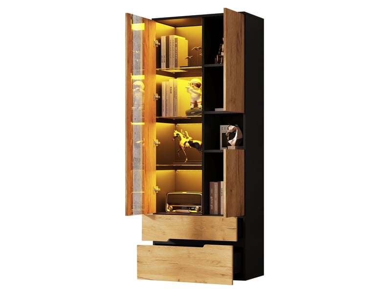  Vitrine 70x35x180 cm mdf coloris bois naturel et noir avec led, 3 portes et 2 tiroirs  - Conforama A