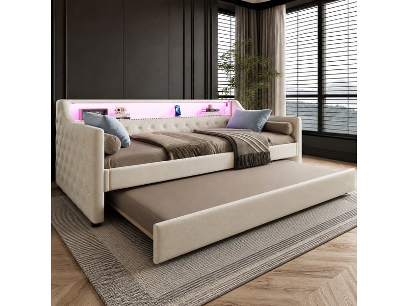 Lit gigogne 90x200 cm avec led et port usb mdf beige sans matelas  - Conforama B