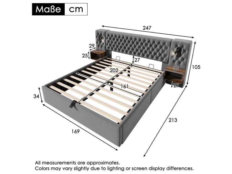  Lit coffre 160x200 cm avec 2 tables de chevet, éclairage de lecture, velours gris  - Conforama E