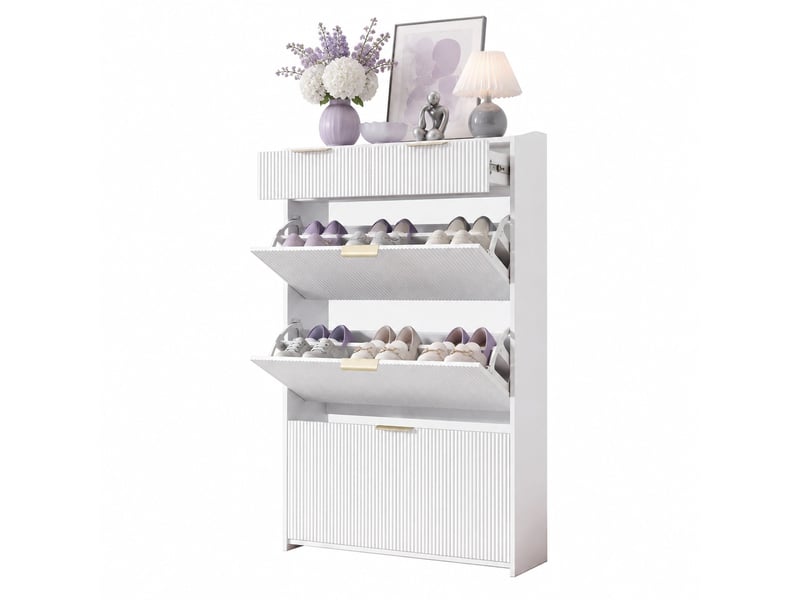  Meuble à chaussures 80x25x135 cm, 3 compartiments basculants et 2 tiroirs, panneau de particules, blanc  - Conforama A