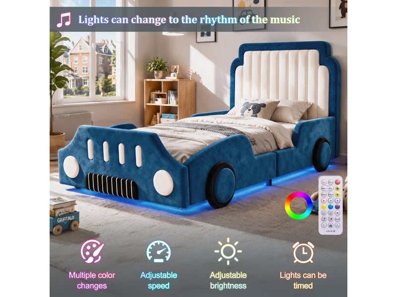  Lit enfant 90x200cm - design voiture - led - barrières sécurité - velours - bleu BUYDEEMEUS - Conforama E