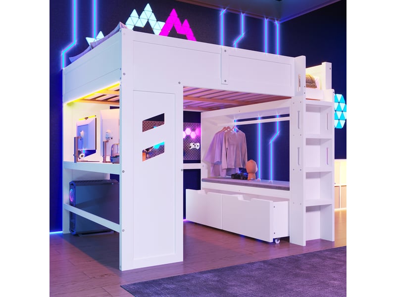  Lit mezzanine ado 140x200 cm - avec bureau et tiroir de rangement - lit en bois - sans matelas - blanc  - Conforama D