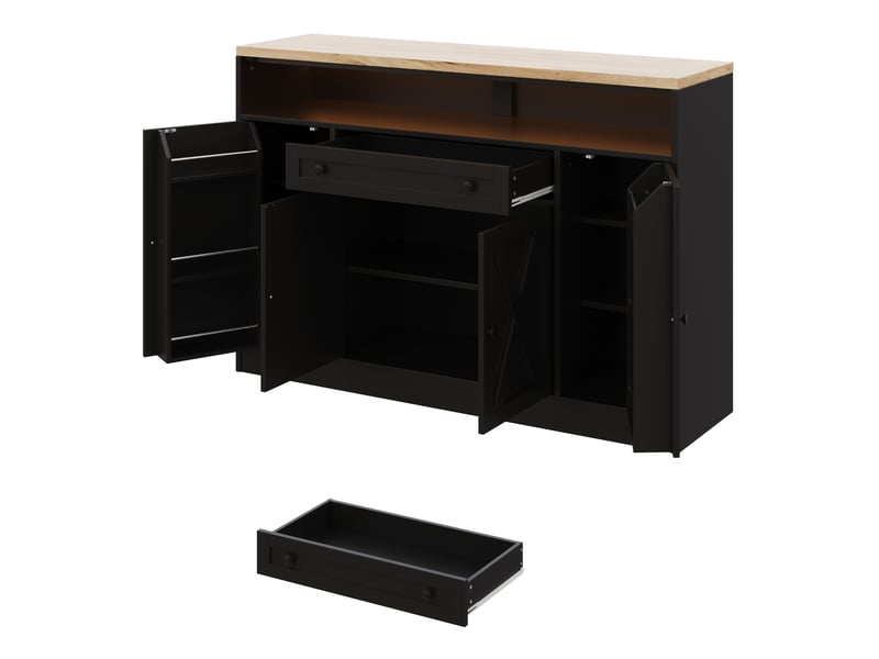 Buffet avec led rgb et avec 4 portes et tiroir, buffet salon 140x35x95 cm en mdf noir, meubles de rangement - Conforama D