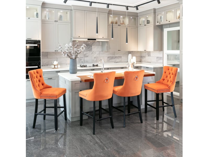 Tabouret de bar velours orange dossier haut capitonné bois cravdom - Conforama B