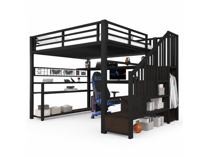  Lit mezzanine en métal 140x200 cm avec bureau, armoire, led rgb et rangements noir  - Conforama A