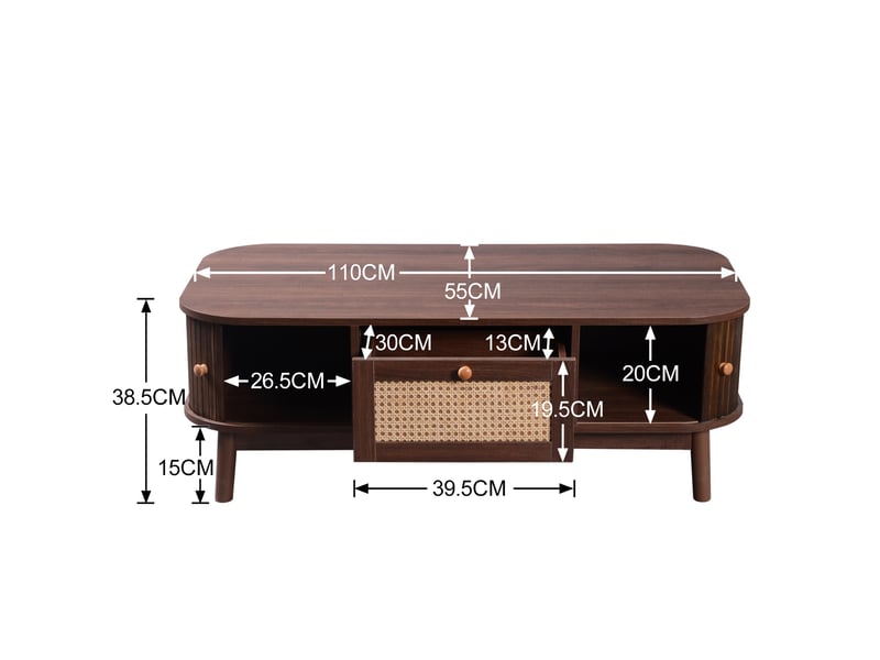  Table basse naturel, rangement, rotin, portes coulissantes, design moderne, façade texturée - mdf et bois et rotin - 110x55x38.5cm  - Conforama E