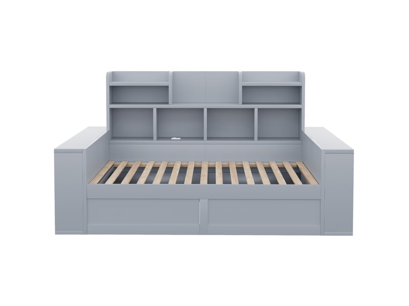 Lit banquette 90x200 cm avec led, prises et coffre de rangements, gris, sans matelas - Conforama E