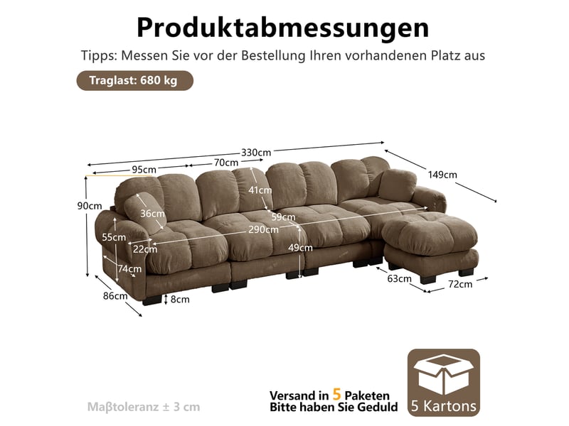  Canapé d'angle modulaire 4 places en tissu marron avec ottomane mobile et dossier ergonomique pour salon  - Conforama C