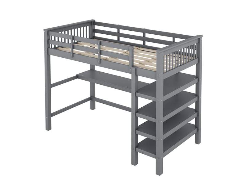  Lit mezzanine enfant gris 90 × 200 cm, bureau sous le lit et compartiments de rangement, sans matelas  - Conforama E