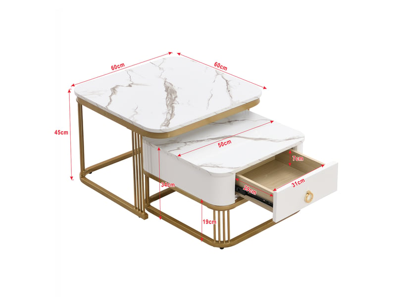  Tables basses gigognes avec tiroir pour salon en mdf 60×60×45 cm et 50×50×34 cm blanc et or  - Conforama E