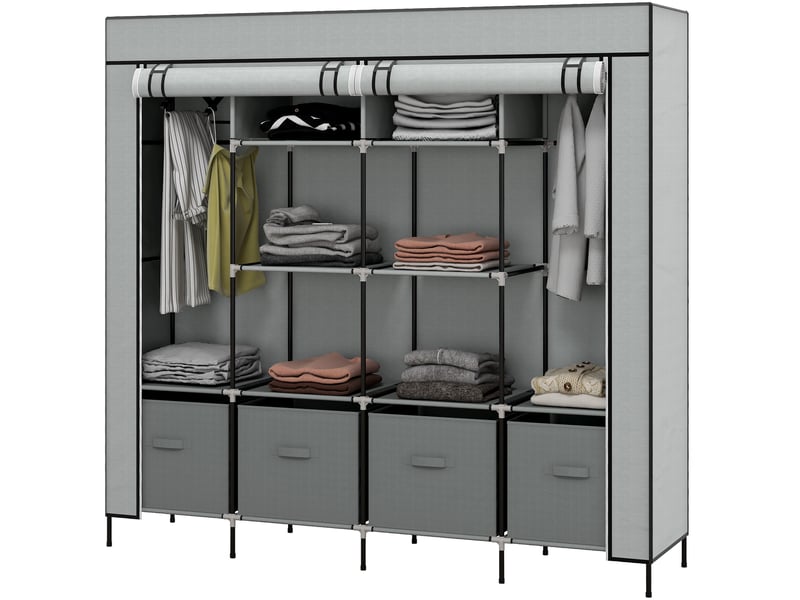  Armoire en tissu, armoire portable à 10 compartiments, 2 tringles et 4 tiroirs, 166 x 42,5 x 169,5 cm, grise  - Conforama B
