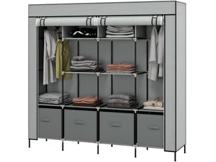 Armoire en tissu, armoire portable à 10 compartiments, 2 tringles et 4 tiroirs, 166 x 42,5 x 169,5 cm, grise